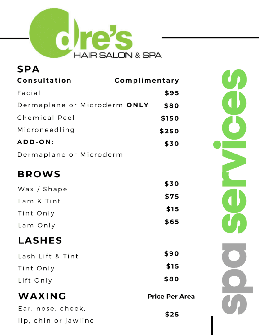 A poster of spa services in green and black with white background